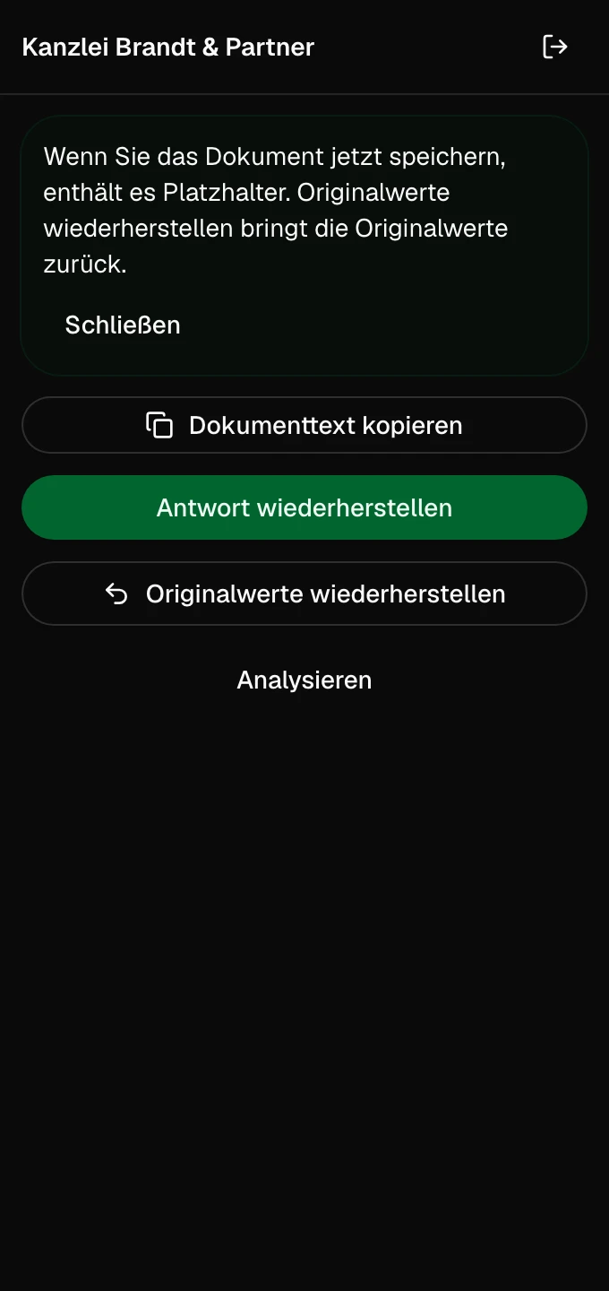 Hinweis nach dem Ersetzen, dass das Dokument jetzt Platzhalter enthält