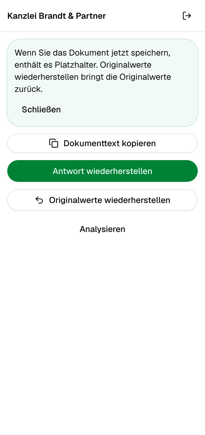 Hinweis nach dem Ersetzen, dass das Dokument jetzt Platzhalter enthält