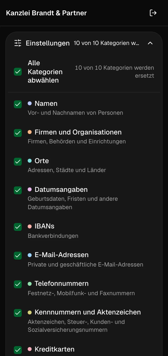 Seitenbereich von Deckname in Word mit den Kategorien, die ersetzt werden, und dem Knopf Analysieren