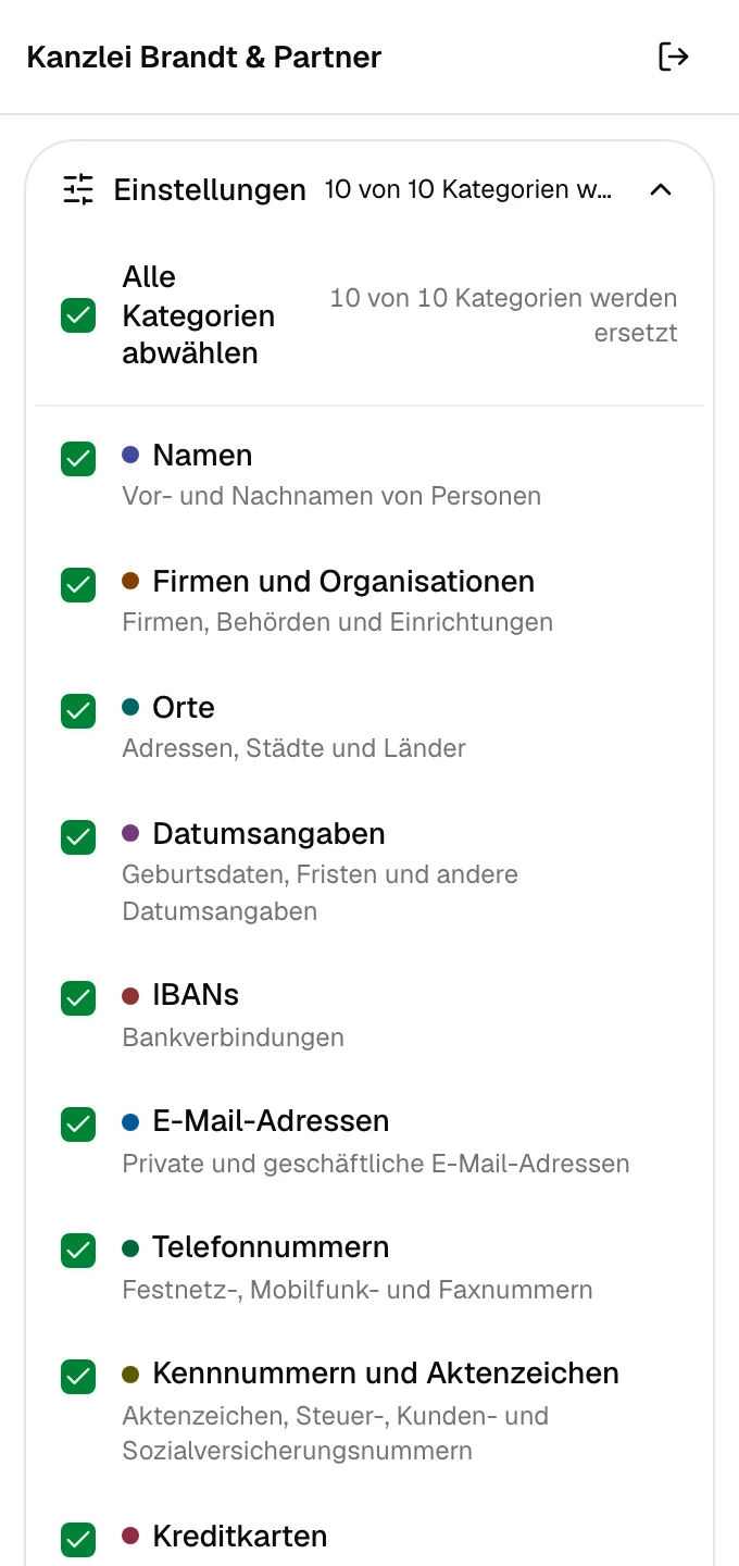 Seitenbereich von Deckname in Word mit den Kategorien, die ersetzt werden, und dem Knopf Analysieren