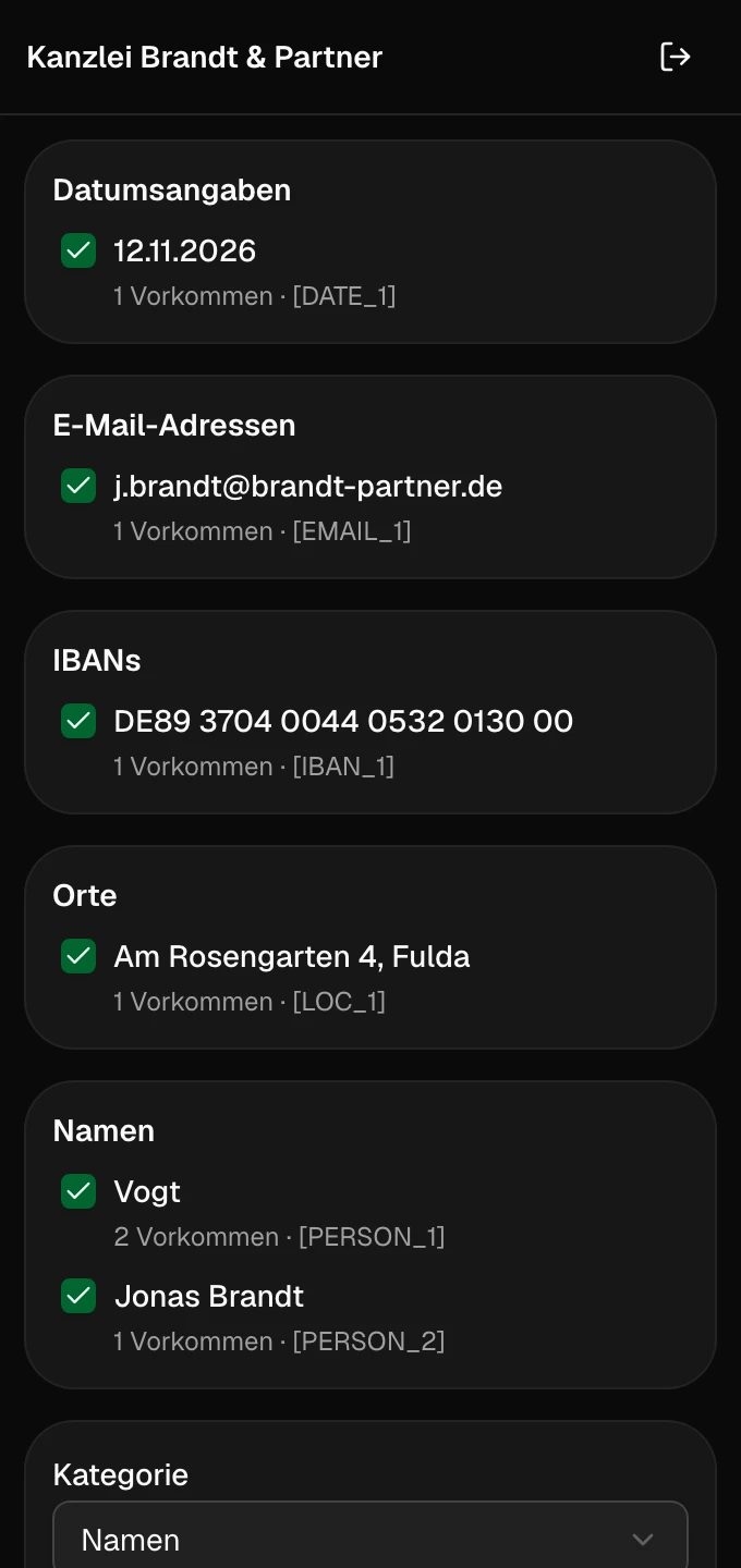Gefundene Angaben nach Kategorie, jede mit Häkchen und künftigem Platzhalter