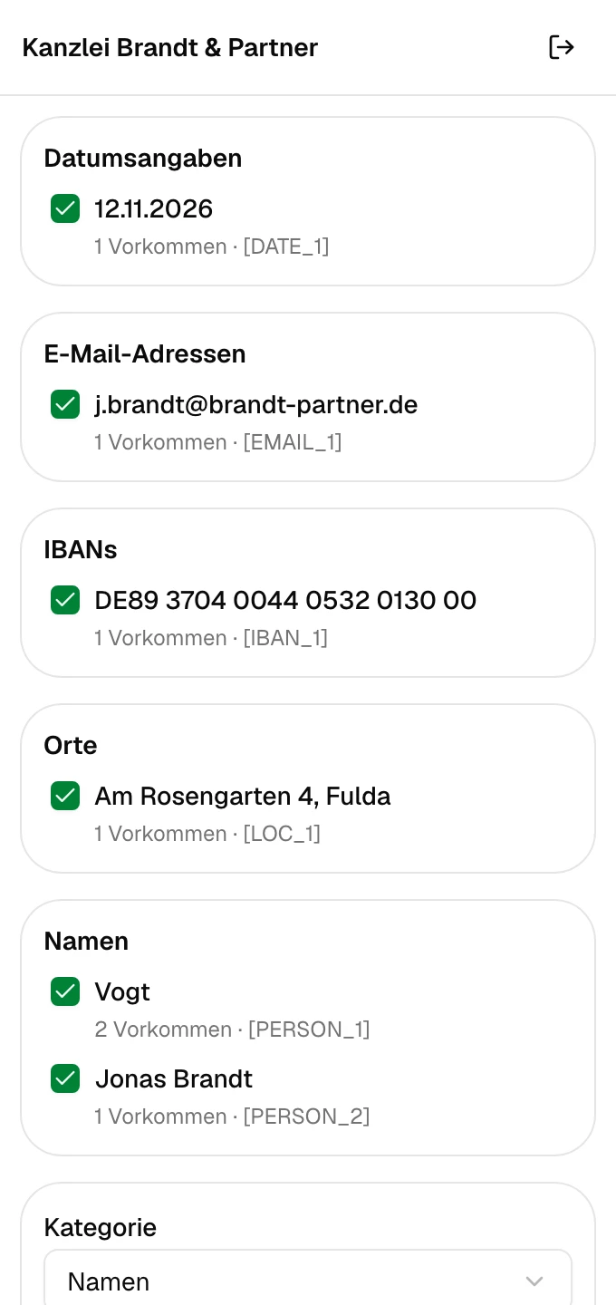 Gefundene Angaben nach Kategorie, jede mit Häkchen und künftigem Platzhalter